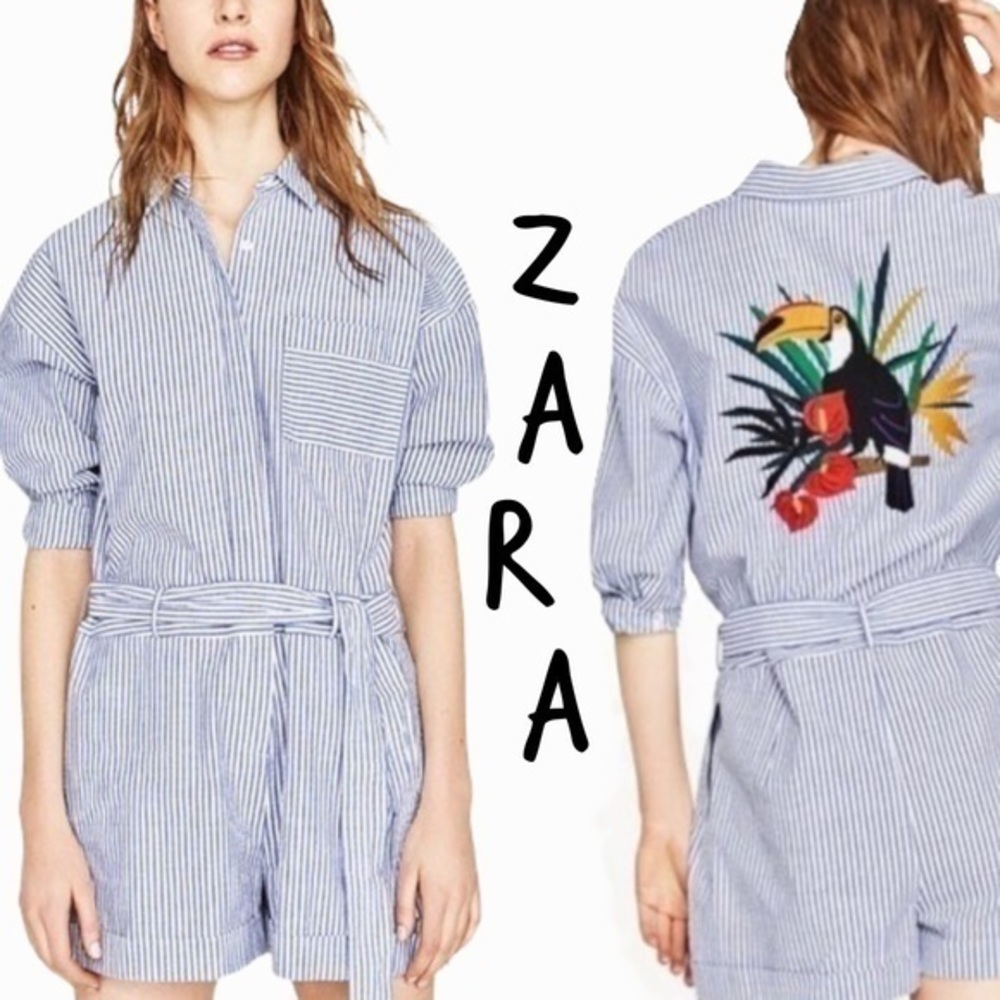 Zara blue and white striped Seersucker Embroidered Toucan Shorts Romper   XS